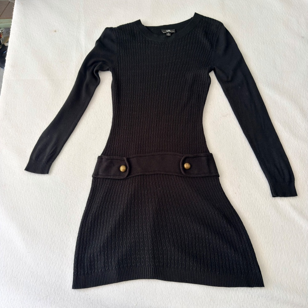 I.N. San Francisco Black Long Sleeve Sweater Dress Brass Button Detail Size M